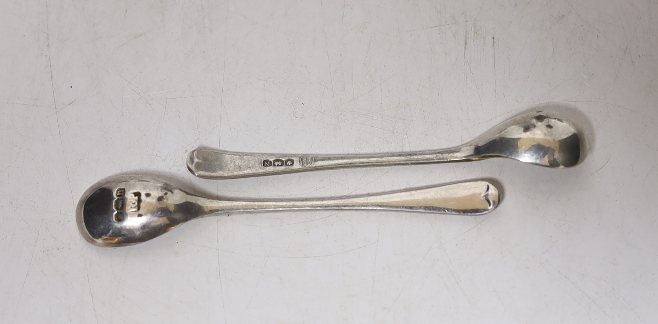 Four silver mustard ladles, including two 19th century, two plated ladles and an Edwardian silver mounted glass salts jar, London, 1905, 94mm.